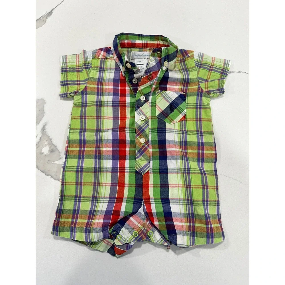 Ralph Lauren Baby 3M Plaid Shortall‎ Romper One Piece Green Red Blue White